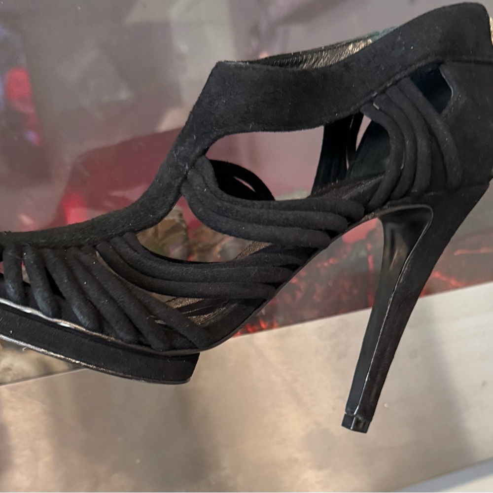 Women Tory Burch Black Suede Leather Peep Toe Stiletto Heel Shoes Sz 9.5 - Picture 7 of 8